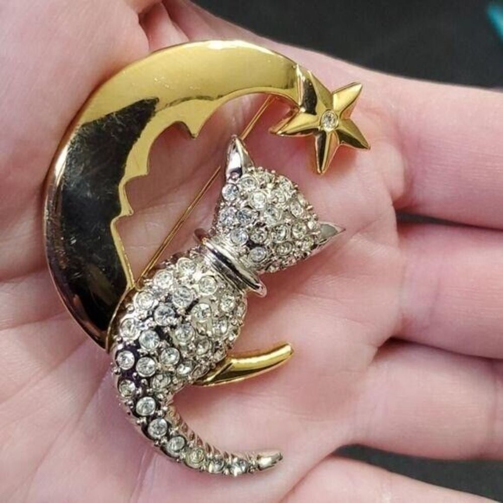 Multi tone moon & kitty cat brooch